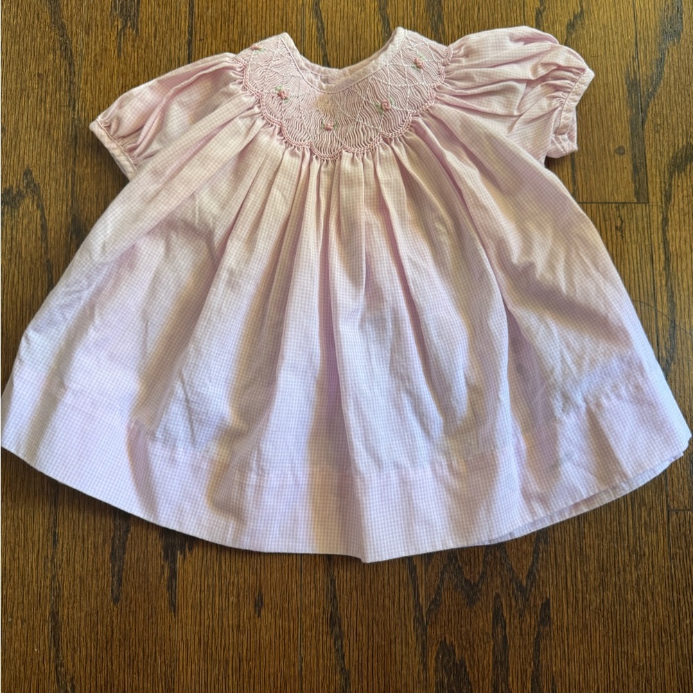 Petit Ami Pink Gingham Smocked Baby Dress with matching diaper cover